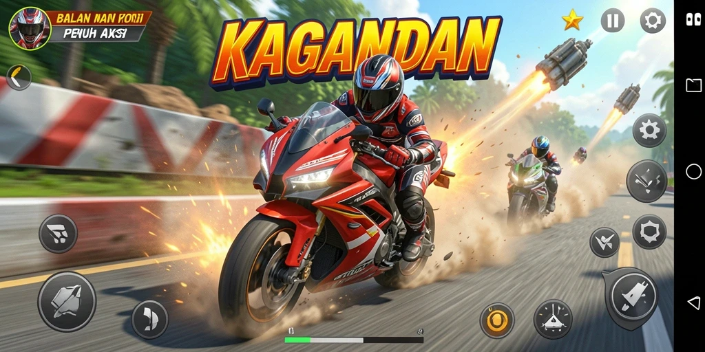 Tangkapan layar KAGANDAN yang menampilkan aksi balapan motor yang seru.