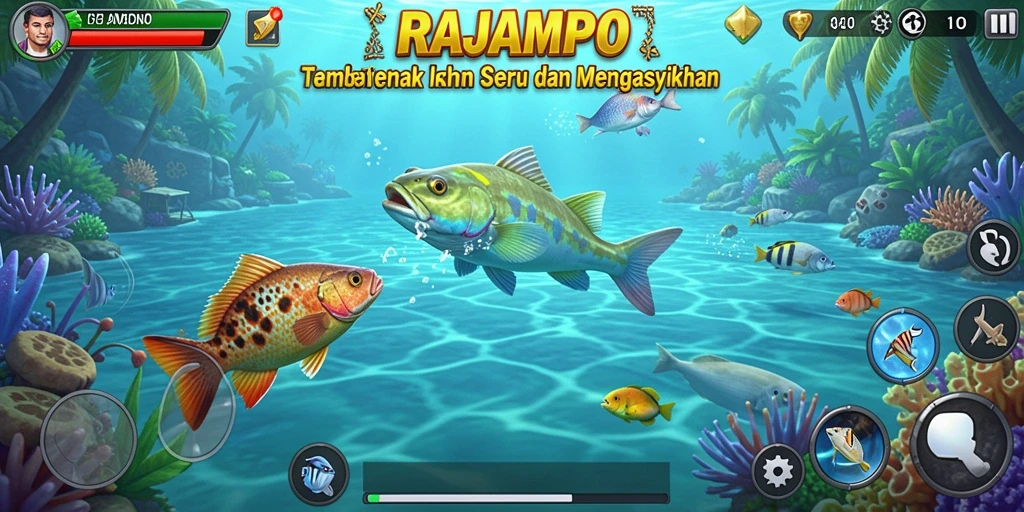 Screenshot utama RAJAMPO menampilkan aksi seru dalam Tembak Ikan.