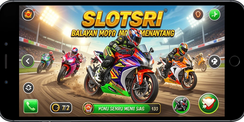 Screenshot gameplay SLOTSRI yang menampilkan balapan motor yang mendebarkan.