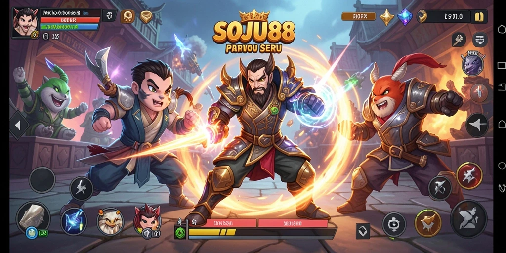 Screenshot utama SOJU88 menampilkan aksi intens karakter bertarung.
